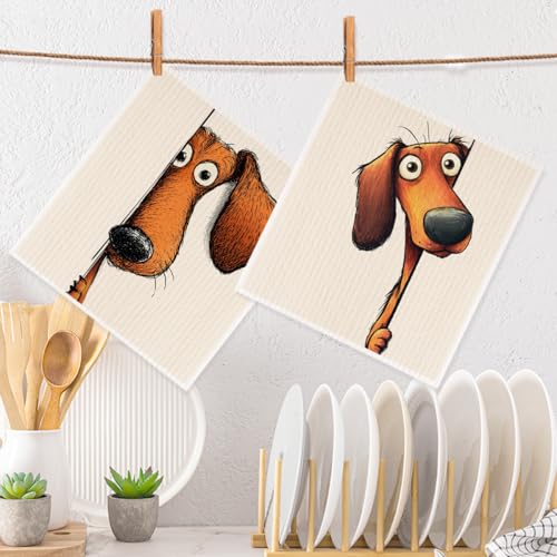 2 Pcs Cartoon Peeking Dachshund Dog Swedish Dishcloths for Kitchen, Absorbent Reusable Paper Towels, Cute Puppy Geometry Kitchen Towels for Bathroom Home, Dog Lover Gifts for Women 2 - color: Sz 0754