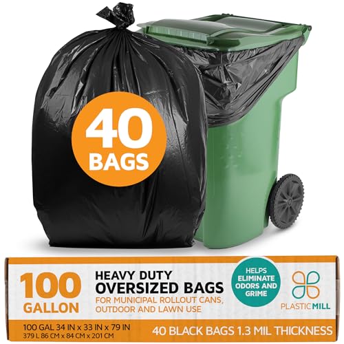 PlasticMill Heavy Duty Trash Bags - Black Garbage Bags - Plastic Trash Bags for Large Rolling Trash Bins - Tall Trash Bags - 100-Gallon Large Kitchen Trash Bags, 1.3 Mil, 67"x79" (40-Count) - size: 1 Count (Pack of 40)