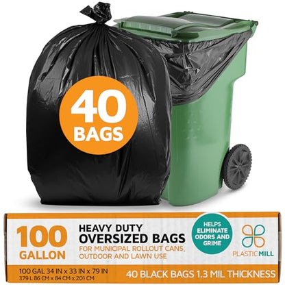 PlasticMill Heavy Duty Trash Bags - Black Garbage Bags - Plastic Trash Bags for Large Rolling Trash Bins - Tall Trash Bags - 100-Gallon Large Kitchen Trash Bags, 1.3 Mil, 67"x79" (40-Count) - size: 1 Count (Pack of 40)