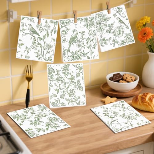 Swedish Dishcloths for Kitchen, 6PCS Sage Green Floral Birds Cellulose Sponge Reusable Paper Towels Washable, Greenery Absorbent Fast Drying Swedish Dish Cloth for Home Cleaning - style: Green Flower