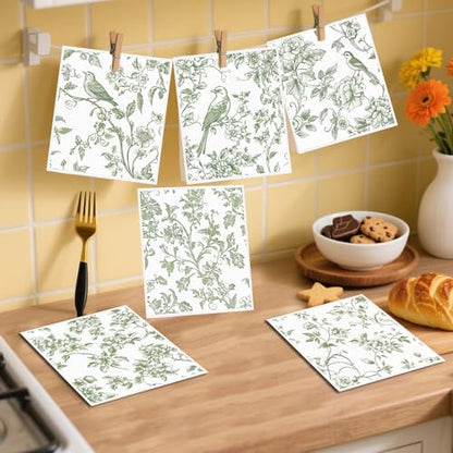 Swedish Dishcloths for Kitchen, 6PCS Sage Green Floral Birds Cellulose Sponge Reusable Paper Towels Washable, Greenery Absorbent Fast Drying Swedish Dish Cloth for Home Cleaning - style: Green Flower