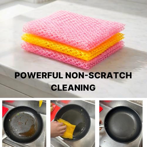 Mesh Dish Scrubber [4-Pack], Innovative Net Dish Cloths for Kitchen Cleaning, Non-Scratch & Fast Drying Scrubber for Pots, Pans, and Dishes (2 Yellow & 2 Pink)