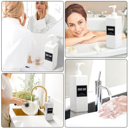 Segbeauty 33.8oz Plastic Soap Dispenser Bathroom, 2pcs Sqaure Body Wash Container Empty, 1000ml White Leakproof Hand Soap Dispenser, Large Pump Bottles for Shampoo and Conditioner with Labels - color: White, style: 2pcs