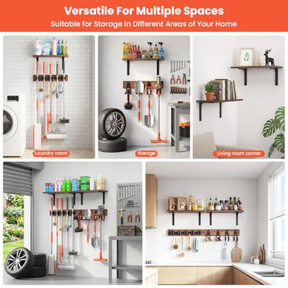 Broom Holder Wall Mount 33.8inch with Wooden Shelf ,Rustic Wood Broom Hanger 5 Racks&4 Hooks,Laundry Room Organization with Steel Garage Storage Hooks, Mop Hanger Broom Rack for Laundry Room, Garage. - size: 33.8"Large