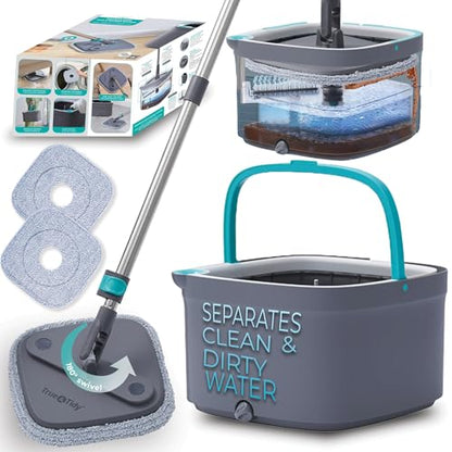 True & Tidy True Clean Spin Mop & Bucket System – Dual Compartment Design for Clean & Dirty Water, 360° Swivel Mop Head, Built-in Scrubbing Brush, Stainless Steel Handle & 2 Reusable Microfiber Pads - size: Spin Mop Standard