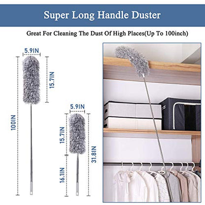 Microfiber Feather Duster, Extendable Cobweb Duster with 100 inches Extension Pole, Bendable & Washable & Lightweight Dusters for Cleaning Ceiling Fan, High Ceiling, Blinds, Webster, Furniture & Cars