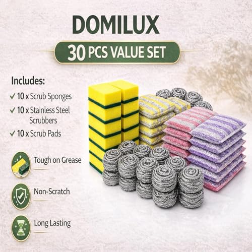 30 PCS Kitchen Cleaning Sponge Set, Heavy Duty Non Scratch Scrubber Pack with Sponges, Steel Wool Scrubbers & Scouring Pads for Dishes, Pots, Pans & Multi Surface Cleaning.
