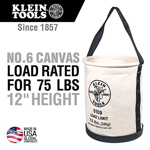 Klein Tools Canvas Bucket and Spud Wrench, 75-Pound Load Rated Bucket with Black Molded Bottom and 3/4-Inch Bolt Alloy Steel Heavy Nut Wrench