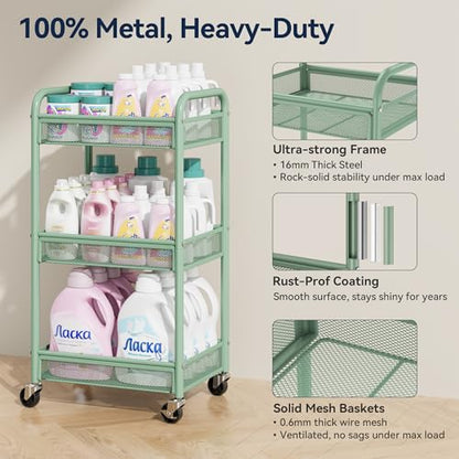 YASONIC 3 Tier Rolling Cart – Metal Utility Storage Carts with Wheels, Craft Carts Organizer with Hanging Cups, Hooks, Mesh Basket for Bedside Kitchen Office Art, Green - color: Green
