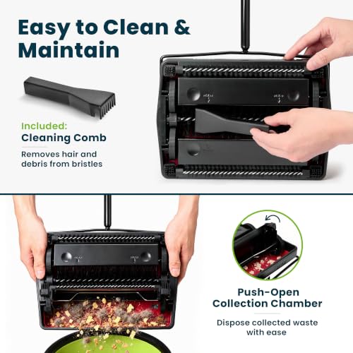 Alpine Manual Carpet Sweeper - Non Electric Triple Brush Push Floor Sweeper for Carpets, Rugs and Vinyl Floors - Red (Improved) - color: Improved Red