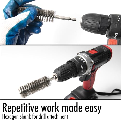 6pcs Extended Copper Tube Pipe Cleaner, 1/2” 3/4” 1” Pipe Cleaning Brush Set, Stainless Steel Wire Bore Brushes for Power Drill, 1/4 Inch Hex Shank - style: 6pcs Extended