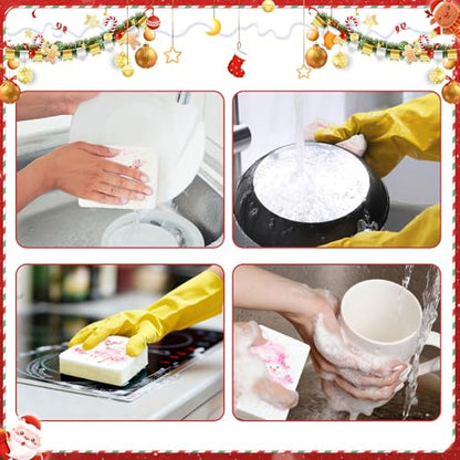 Chengu 12 Pcs Christmas Kitchen Sponges Pink Santa Reindeer Snowman Xmas Tree Water Absorbing Dish Washing Sponge Non Scratch Household Cleaning Scrub Sponges for Holiday Home Kitchen Bathroom - style: Christmas