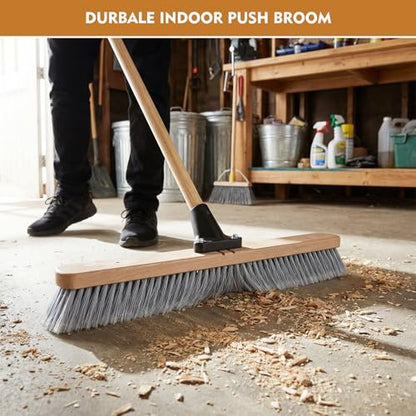 24-Inch Push Broom Set for Indoor & Outdoor Cleaning, Heavy Duty Sweeping Brooms with 61-Inch Solid Wood Handle, Soft & Stiff Bristle Combo for Garage, Shop, Patio & Home (2-Pack)