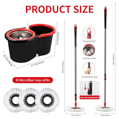 Spin Mop and Bucket with Wringer Set,360° Mop and Bucket System with 3 Microfiber Mop Refills and 59" Extended Handle for Floor Cleaning