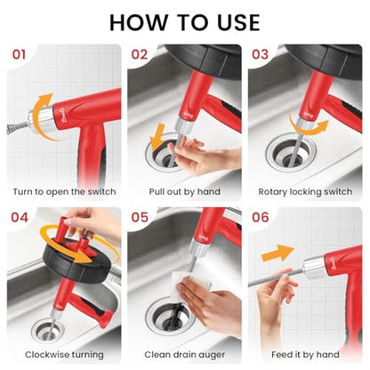 XJX Drain Auger, Plumbing Snake with Drill Adapter, 25FT Flexible Steel Drain Clog Remover, Manual or Powered for Kitchen, Bathroom & Shower Sink, with Gloves and Storage Bag Red - color: Red