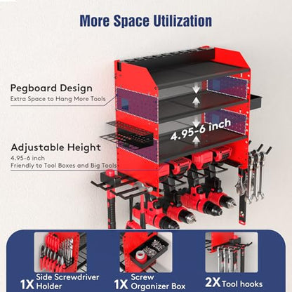 Heavy Duty Power Tool Organizer Wall Mount with Charging Station, 4 Layer Garage Storage Adjustable Shelves Height, Holds 4 Drills, 2 Hooks, Screw & Screwdriver box, Gifts for Fathers Day, Anniversary - color: Red