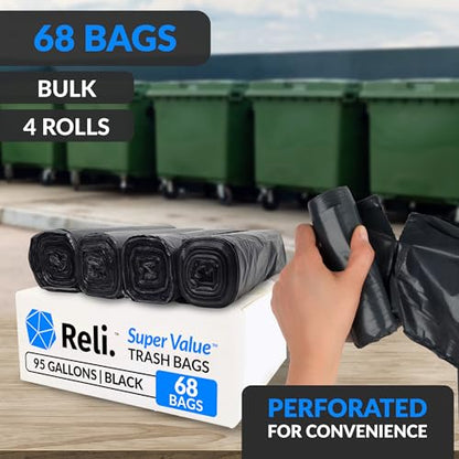 Reli. 95 Gallon Trash Bags Heavy Duty | 68 Trash Bags with Ties | Super Sizeable, Black, Serious Garbage Cleanup