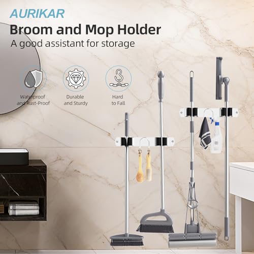 Broom Holder Wall Mount, 2-Pack Stainless Steel Mop and Broom Organizer, Broom Hanger with 2 Slots 2 Hooks for Home Kitchen, Garage, Garden and Laundry Room, Silver - color: Silver-2 Pack