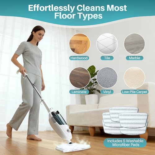 JOYMOOP Steam Mop & Handheld Steam Cleaner, 1100W Electric Steam Cleaner for Home, Fast Heat 20s, Adjustable Steam, Detachable Water Tank, 11 Accessories for Floors, Windows, Clothes - size: 5 Microfiber pads