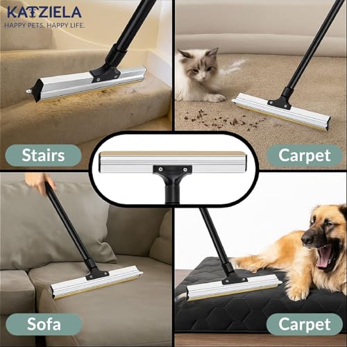 Katziela DuoSweep Broom – Dual-Sided Pet Hair Remover with Metal & Rubber Blade – Multi-Surface Cleaner for Carpet, Hardwood & Tile – Includes Water Control Squeegee Attachment