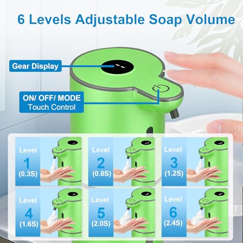 OHIFAST Automatic Foaming Soap Dispenser Touchless, USB Rechargeable Smart Hand Soap Dispenser, 6-Level Adjustable, 12.8oz/380mL Wall Mounted for Bathroom Kitchen Dish Soap-Green - color: Green, style: Foam