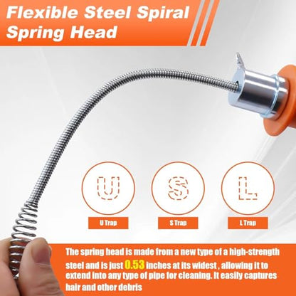 Drain Auger 25ft Clog Remover with Drill Adapter, Flexible Plumbing Snake for Kitchen, Bathroom & Shower Sinks, Hair Clog Remover, Manual or Drill Powered, Full-Set Included