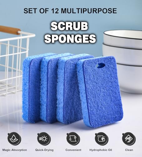 METUUTER 12-Count Scrub Sponges Kitchen Sponge Heavy Duty, Cellulose Sponges with Scouring Pads Dual-Sided for Kitchen and Household Use (Square-Blue) - color: Square-blue