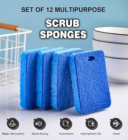 METUUTER 12-Count Scrub Sponges Kitchen Sponge Heavy Duty, Cellulose Sponges with Scouring Pads Dual-Sided for Kitchen and Household Use (Square-Blue) - color: Square-blue