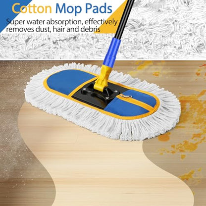 SOBONNE Dust Mop for Floor Cleaning with Washable Cotton Mop Pads | Wet Dry Use, 16" Floor Duster Metal Frame,56 Inch Long Handle for Hardwood Wood Tile Vinyl Laminate Marble,Blue - size: 16 Inch (Mop with 2 Pads)