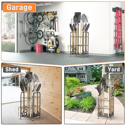 TORACK Garden Tool Organizer Stand with Wheels, Rakes Shovels Yard Tools Stand for Garage, Shed, Garden, Indoor/Outdoor Long-Handled Tools Cart - style: Tool Stand