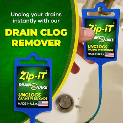 Zip-it Hair Drain Clog Remover, 25-inch Unclogger Tool for Shower, Tub & Sink In Seconds, Reusable, Flexible, Non-toxic Drain Snake, Green White Blue (3-pack)