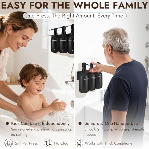 Shampoo and Conditioner Dispenser - Wall Mount Soap Dispenser with Soap Dish & Towel Hook, No Drill Adhesive Bathroom Organizer, Refillable Bottles with Stainless Steel Pump for Home Hotel Spa - Black - color: Black