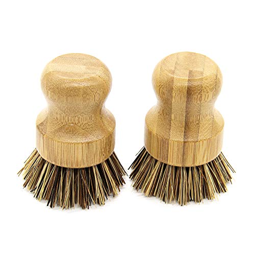 AUEAR, Natural Bamboo Dish Scrub Brush Cleaning Pot Scrubber Brushes Coconut Bristles for Cast Iron Skillet Pots Pans (2-Pack, Deep Color) - color: Deep, size: 2-pk