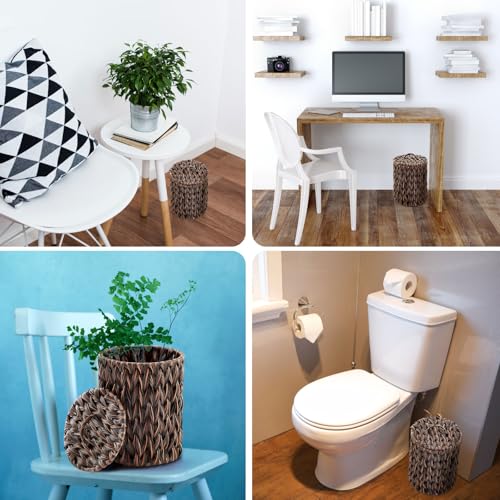 Ctosree 1.3 Gallons Small Trash Can with Lid Handle Boho Woven Braided Bathroom Waste Basket Trash Can with 100 Garbage Bags for Bedroom Office Laundry(Braided Polypropylene, Dark Brown) - color: Dark Brown, style: Round