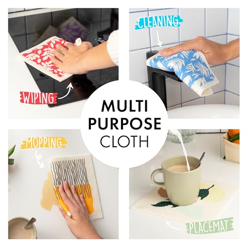 SUPERSCANDI 5 Pack Swedish Dishcloths for Kitchen - 100% Biodegradable & Compostable | Reusable Paper Towels Washable, Food-Safe & Without Plastic - Dish Rags Suitable for Any Surface | Botanic Print - color: Botanic Print