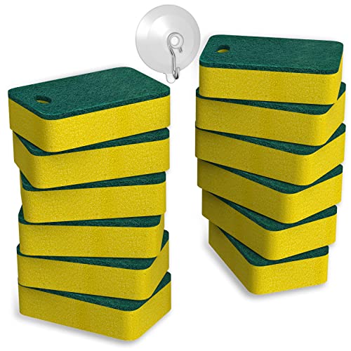 Kitchen Sponges 12 Pack, Heavy Duty Dual-Sided Scrub Sponges, Yellow/Green | Non-Scratch Dish Cleaning, Odor-Free, Multipurpose Scrubbers for Dishwashing Pots, Pans, Skillets & Outdoor Grills
