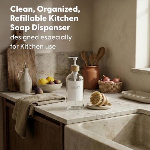 MaisoNovo Glass Hand Soap Dispenser | Dish Soap Dispenser for Kitchen | 16.9oz Clear Bottles with White Bamboo Pump | Bathroom Lotion Dispenser - color: Single Clear Bottle/ White Bamboo Pump