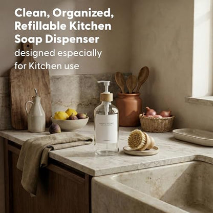 MaisoNovo Glass Hand Soap Dispenser | Dish Soap Dispenser for Kitchen | 16.9oz Clear Bottles with White Bamboo Pump | Bathroom Lotion Dispenser - color: Single Clear Bottle/ White Bamboo Pump