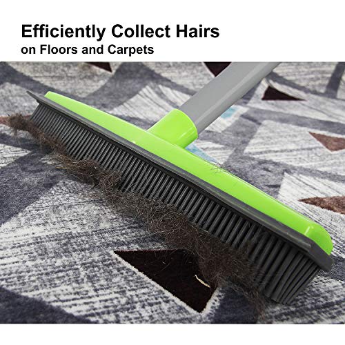 LandHope Push Broom Long Handle Rubber Bristles Sweeper Squeegee Edge 59 inches Non Scratch Bristle Broom for Pet Cat Dog Hair Carpet Hardwood Tile Windows Clean Water Resistant (Multi Segment Handle) - color: Grey-green