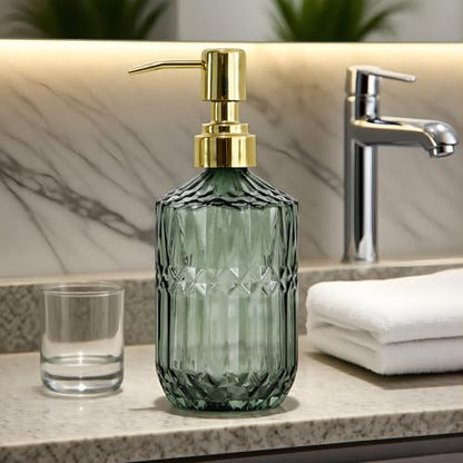 18oz Green Glass Soap Dispenser, Refillable Kitchen, Bathroom Thick Glass Soap Dispenser with Golden Rustproof Pump for Dishwashing Liquid, Hand Soap, Lotion, Body Wash (Green-Golden Pump) - color: Green-golden Pump