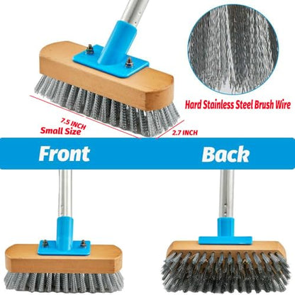 YONILL Stainless Steel Deck Scrub Brush with Long Handle - 60" Heavy Duty Floor Scrubber Brush with Pole, Moss Remover Wire Cleaning Brushes for Rough Surface, Concrete Floor, Patio, Garden, Garage - color: Blue