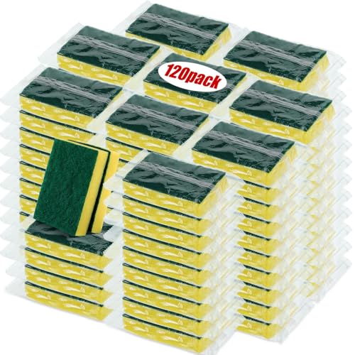 Tanlade 120 Pcs Individually Wrapped Sponge Dishwashing Sponge Bulk Non Scratch Scrub Sponges Kitchen Scouring Pad for Household Cleaning Rental Dishes Hotel Apartment Car (Yellow,Green) - color: Yellow, Green
