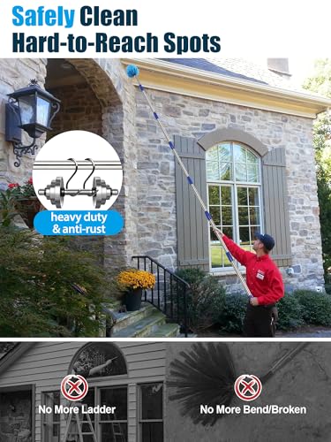 Cobweb Duster with Extension Pole, 8 ft Spider Web Brush for Outdoor House Cleaning, Cob Web Remover for High Ceilings Fans, Medium-Stiff Bristles Round Head, Steel Long Handle, Lightweight Cleaner - size: 8 FT