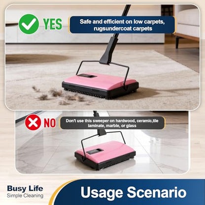 Yocada Manual Carpet Sweeper Cleaner Household Sweeper with Extra Brush Lightweight Hand Push Non-Electric for Home Office Low&Undercoat Carpets Rugs Pet Hair Dust Scraps Paper Small Rubbish Cleaning
