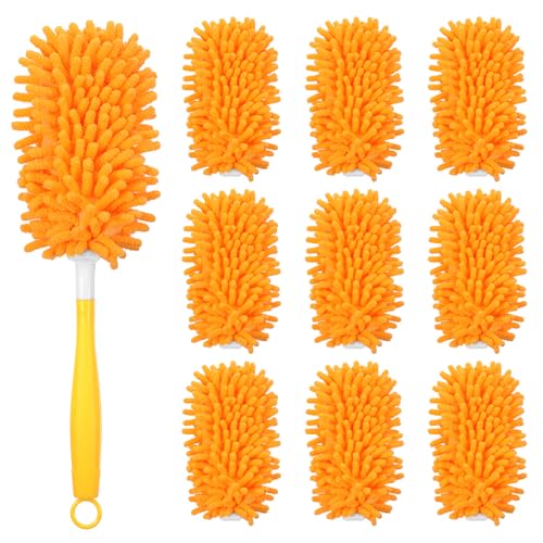 11-Pack Reusable Duster Kit – Heavy Duty Chenille Refills with Handle, 360° Microfiber Dusting for Home & Office (Orange)