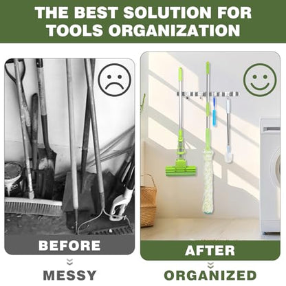 UNIFUN Broom Holder Wall Mount - Heavy Duty Stainless Steel Mop and Broom Organizer with 5 Racks 4 Hooks - Space Saving Storage for Kitchen Garage Garden - Easy Install Tool Hanger