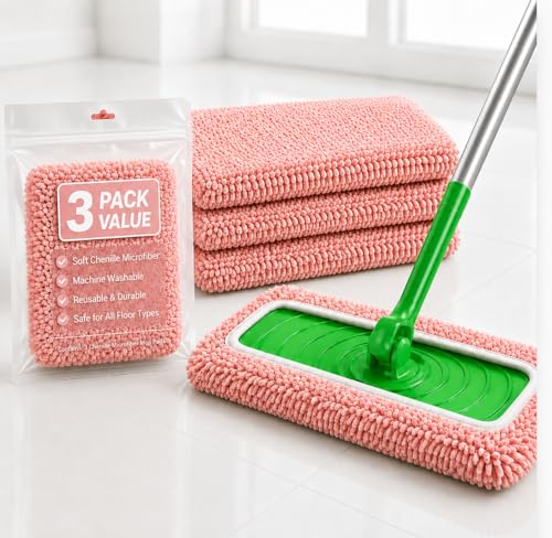 3 Pack Compatible with Swiffer Sweeper Mop, Reusable Machine Washable Flat Mop Replacement Pads, 9.84 x 4.33 Inch, Wet Dry Cleaning for Dust, Hair, and Sealed Hard Floors