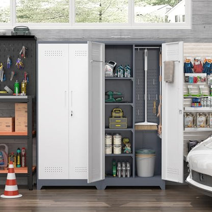 Broom Closet, 72" Broom Closet Storage Cabinet with Lock, Metal Tool Storage Cabinets with Pegboard, Cleaning Supply Storage Cabinets with Shelves for Home, Garage, Utility Room, Greywhite