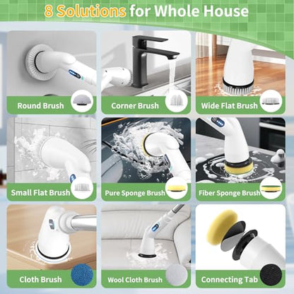 Electric Spin Scrubber - Household Cleaning Brush with 8 Heads, 51.2in Extendable Pole Bathroom Scrubber for Stubborn Grease on Grill, Stovetop & Bathtub, 90Min Runtime - Type B