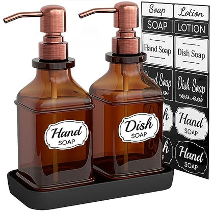 LMQML Soap Dispenser - 2 Pack, Antique Design Thick Amber Glass Hand Soap Dispensers with Sturdy Tray; 304 Rust Proof Stainless Steel Black Pump, 12Pcs Stickers, for Kitchen, Bathroom -Brushed Copper - color: Brushed Copper